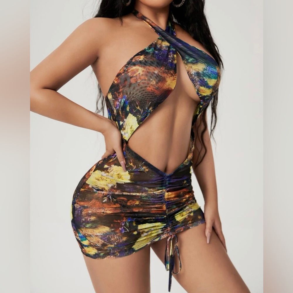 Sheer Multicolor Cut Out Front Drawstring Dress - image 2